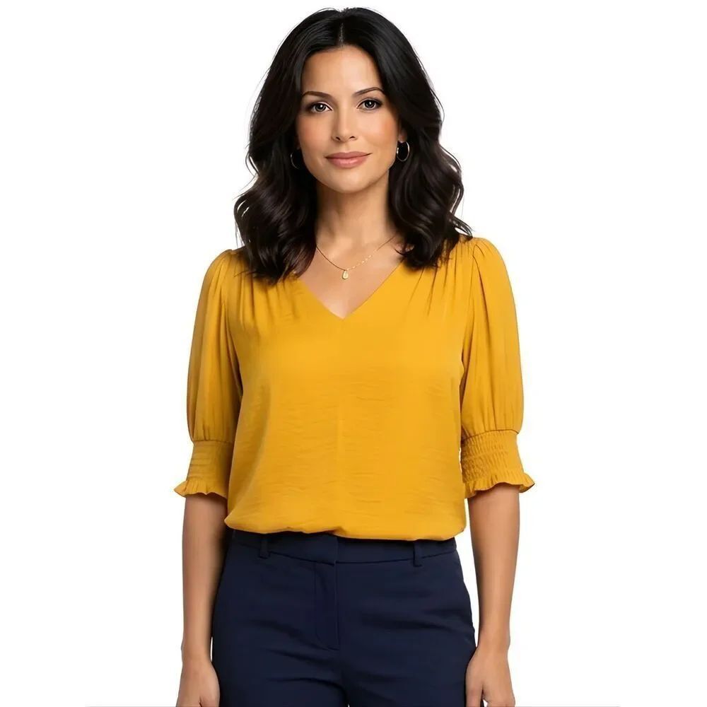 Madison d' Amelie Golden Mustard V-neck Elbow Sleeve Pullover Blouse Size XS